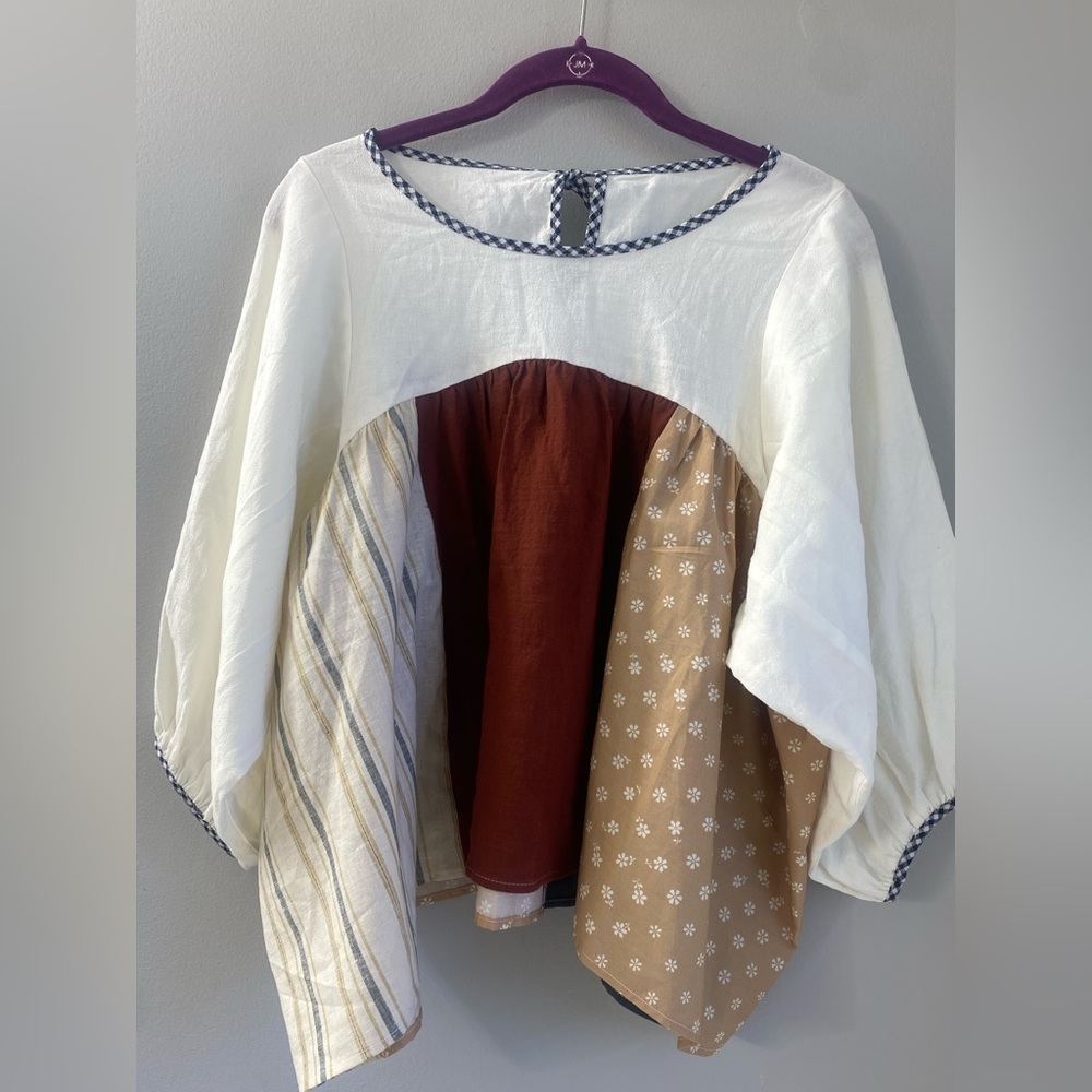 La Reunion Patchwork Mixed Print Babydoll Peplum 3/4 Sleeve Linen Blouse OS